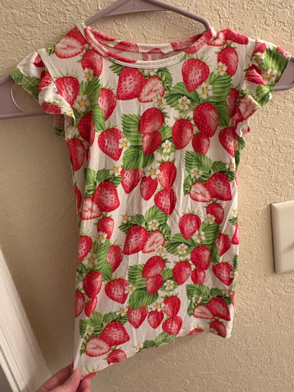 Posh Peanut Red and Green Strawberry Flutter Sleeve Bamboo Material Tee
